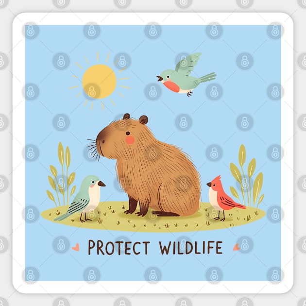 Protect Wildlife - Capybara with birds Magnet by PrintSoulDesigns